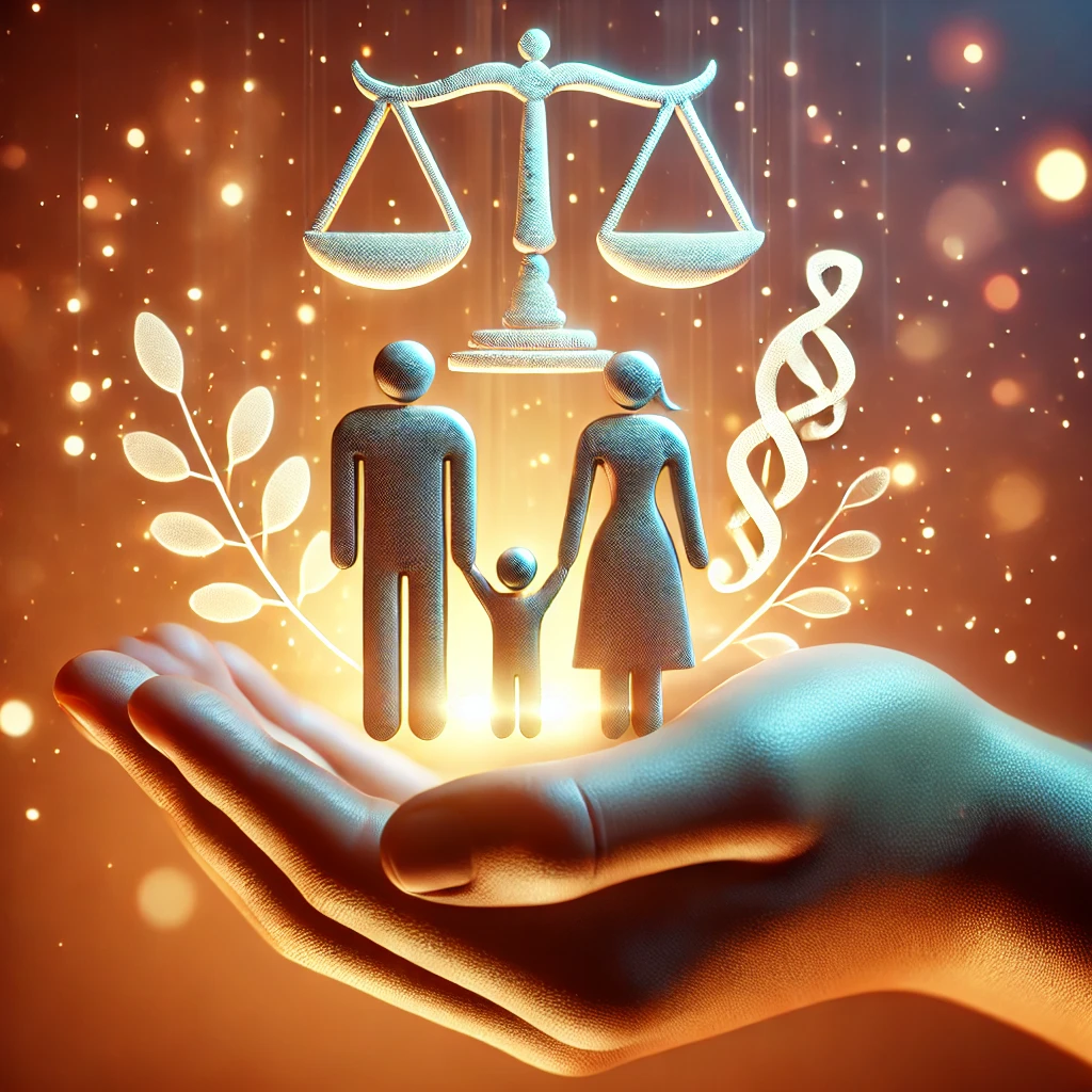DALL·E 2025-01-03 16.43.21 - A 3D illustration of a nurturing hand holding a small family symbol (a father, mother, and child) surrounded by soft glowing light, symbolizing care