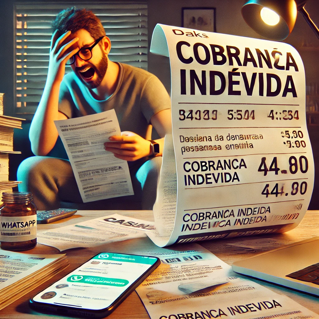 Cobrança Indevida - Direito Bancário Consumidor frustrado segurando extrato com cobrança indevida, representando problemas comuns no direito bancário