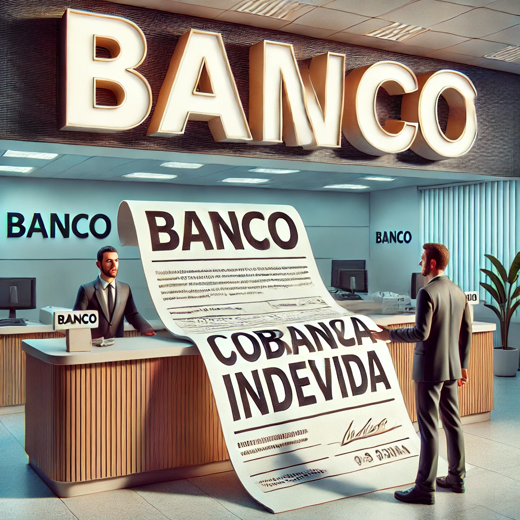 Consumidor frustrado em um banco segurando documento com título Cobrança Indevida, destacando problema com empréstimos fraudulentos